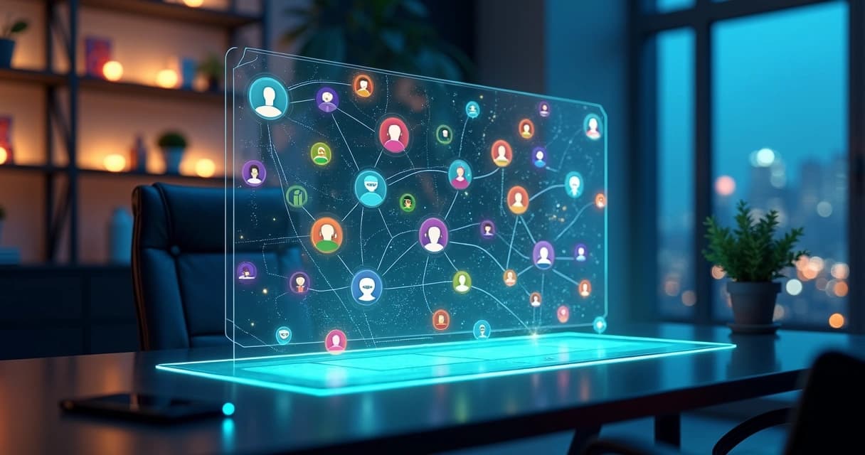 Chatbot conversando com leads em tela holográfica colorida