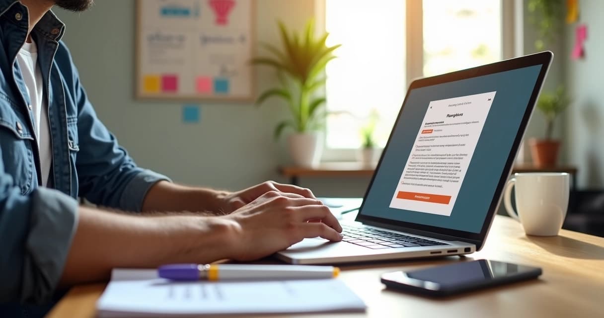 Profissional digitando e-mail de orçamento em notebook com destaque para tela clara e organizada