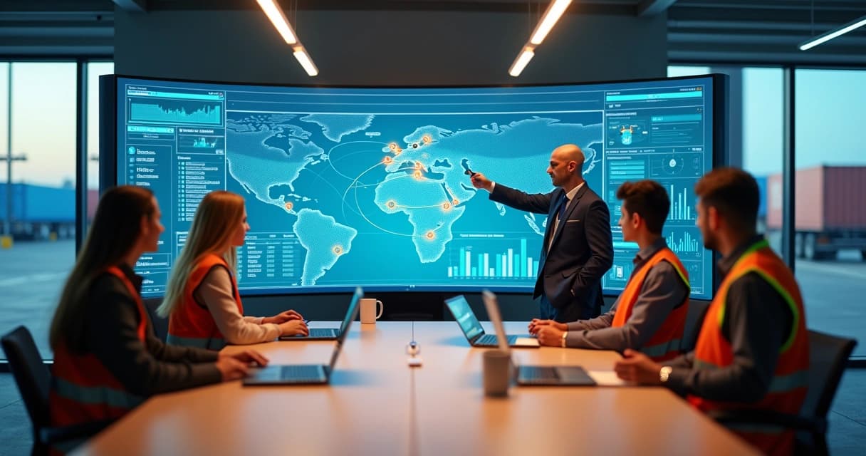 Equipe de vendas de transporte reunida diante de painel digital com dados integrados