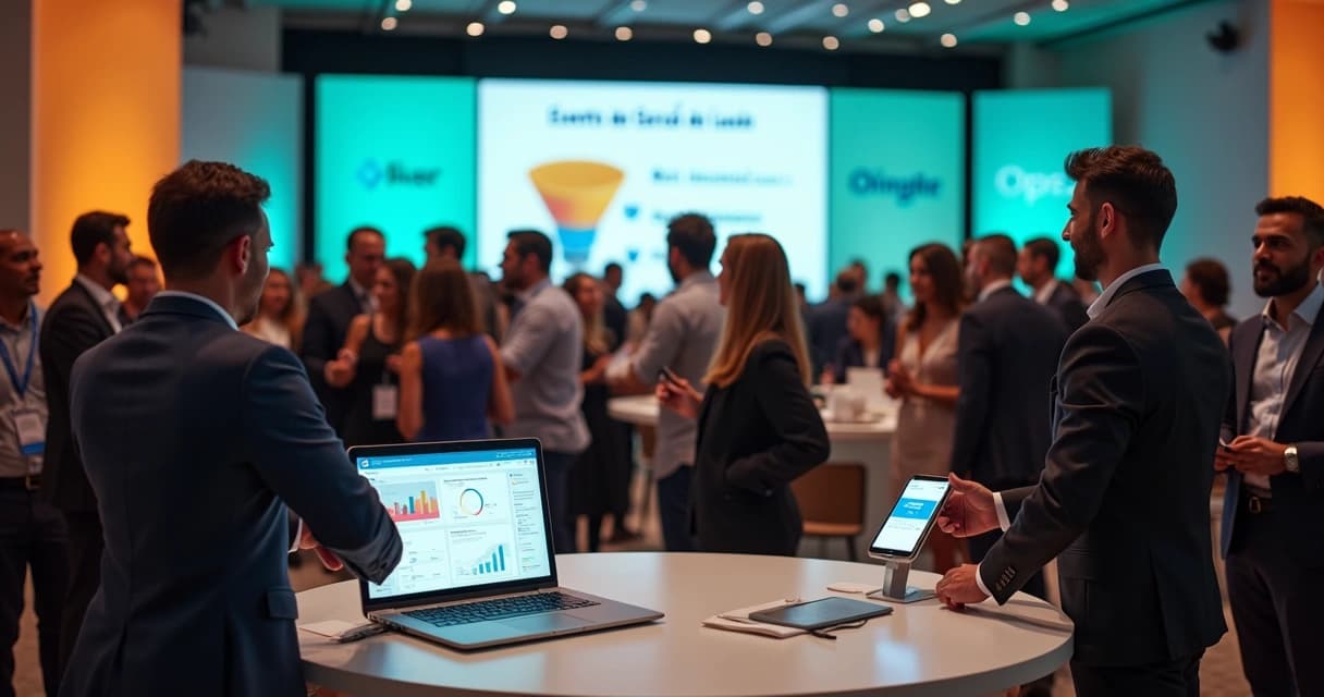 Profissionais em evento de negócios fazendo networking com crachás e aplicativo de leads no telão