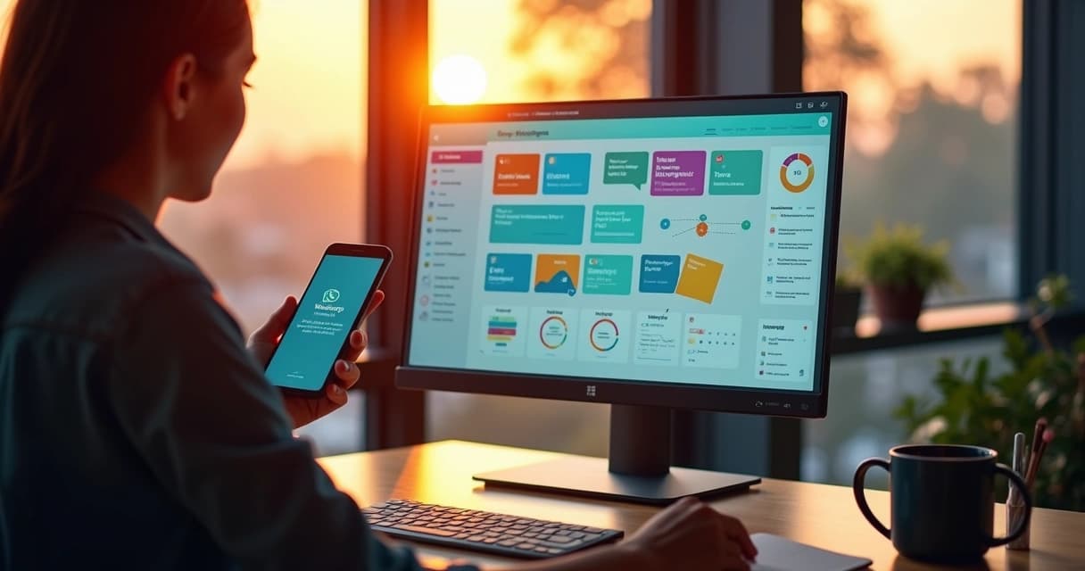 Profissional de vendas usando painel digital com IA organizando tarefas e funil de leads