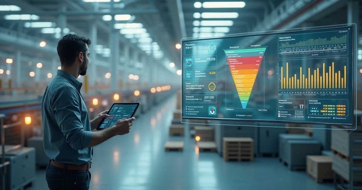 Gestor industrial observando fábrica em câmera lenta e painéis de CRM com funil de vendas
