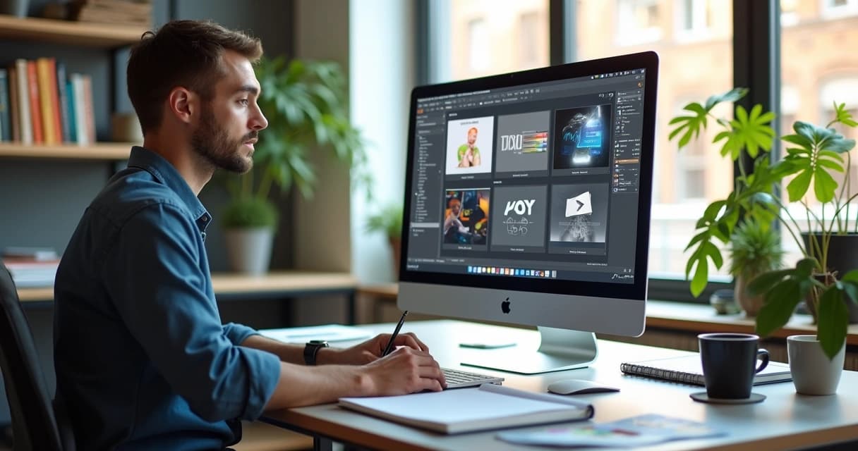 Profissional designer trabalhando em escritório moderno com computador e esboços de design